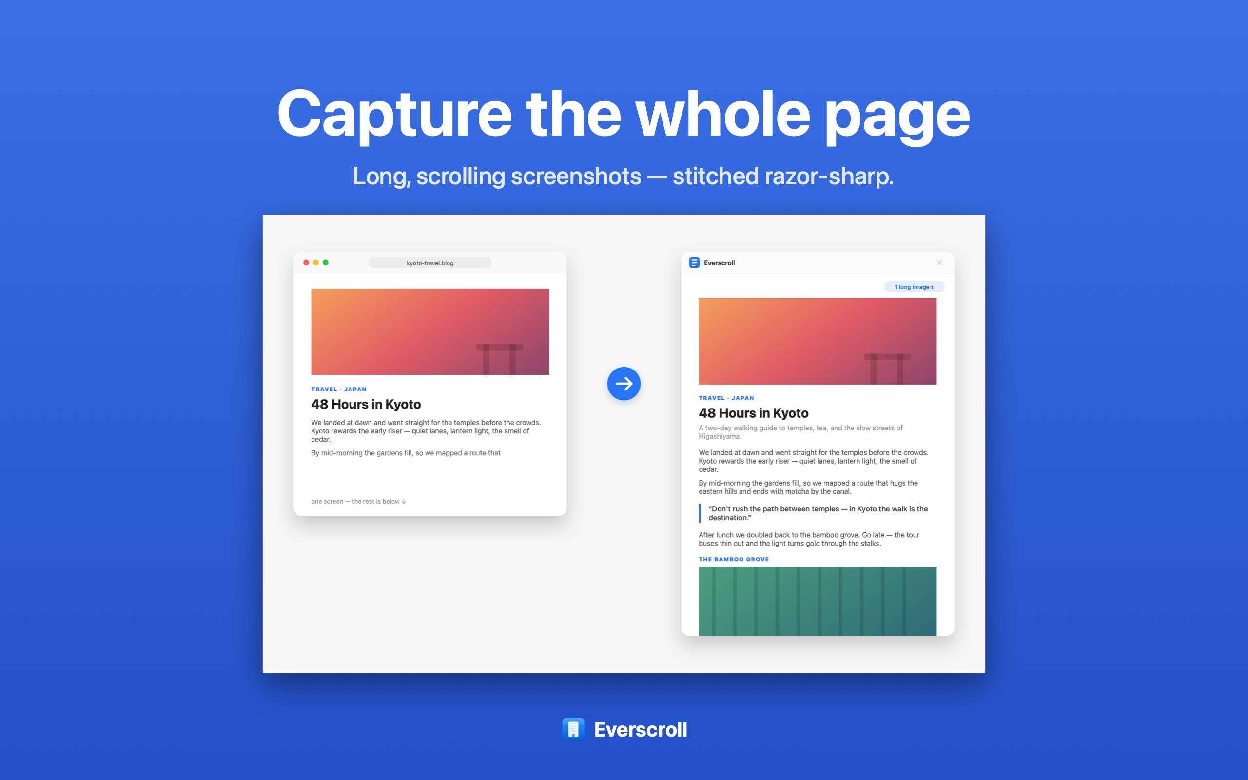 Everscroll capturing a whole page as a scrolling screenshot on Mac
